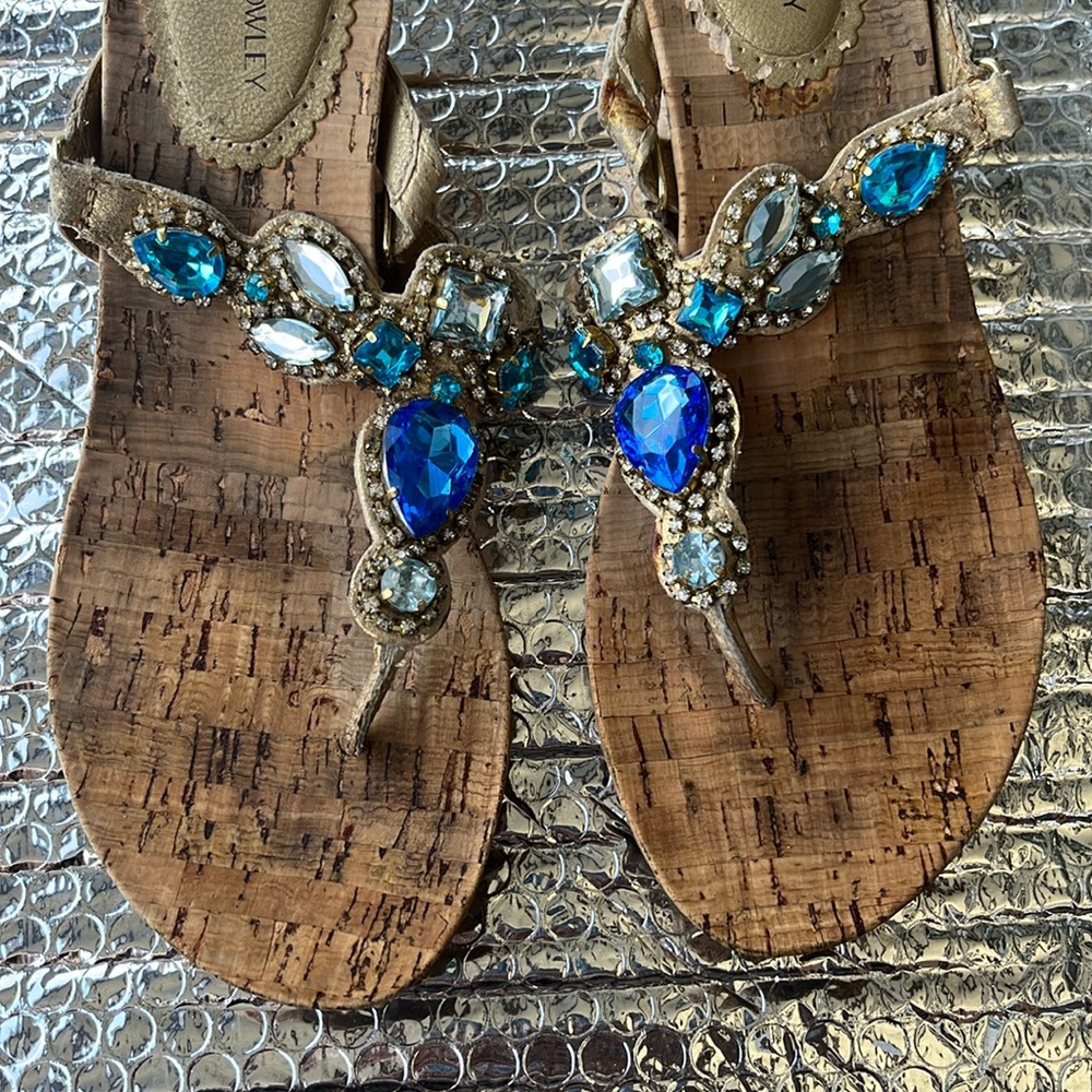 Cynthia Rowley Tan and Blue Sandals with Embellishments - Picture 2 of 14